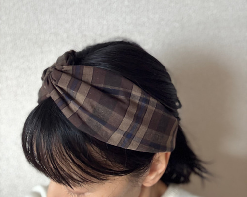 コットンリネン マドラスチェックのターバン（ブラウン&ベージュ