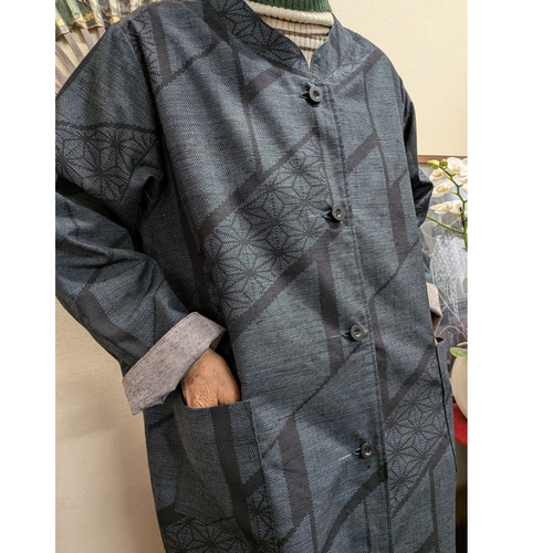 紬と銘仙のリバーシブル前開きコート 着物リメイク コート 着物