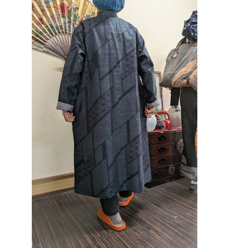 結城紬と銘仙のリバーシブル前開きコート 着物リメイク コート 着物