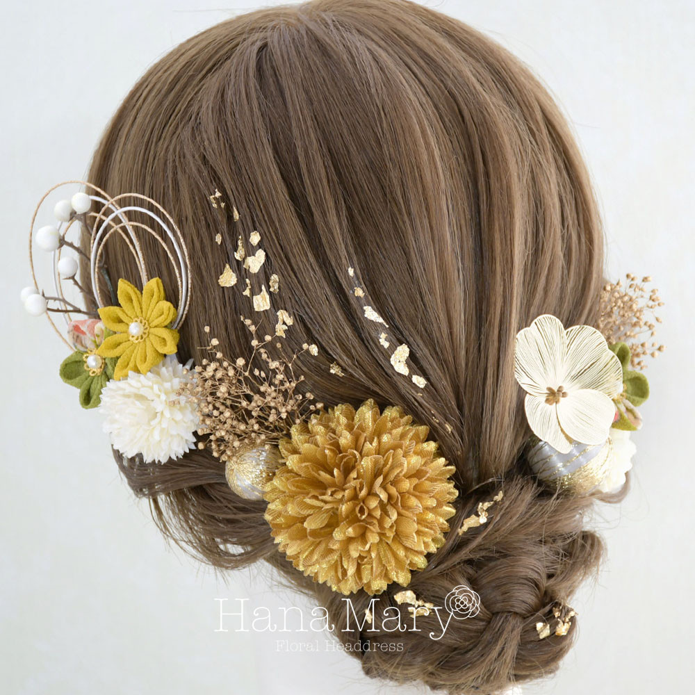 袴　卒業式髪飾り　つまみ細工　成人式 髪飾り 卒業式　ヘアアクセ　七五三　ゴールド　ヘア飾り