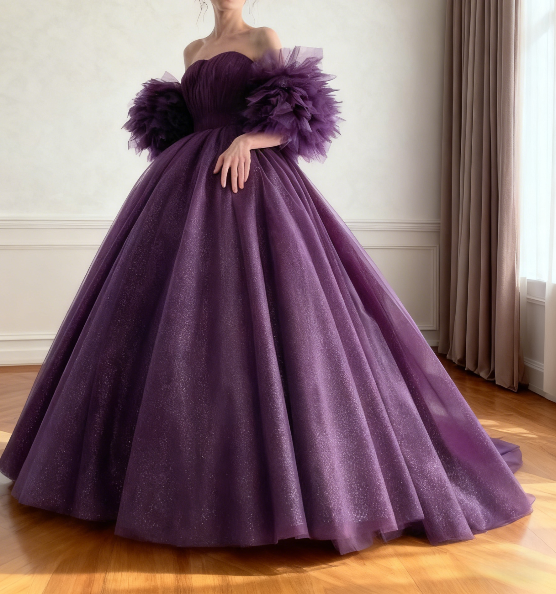 カラードレス パープル ベアトップ フリル袖 プリンセスライン 演奏会 キラキラチュール