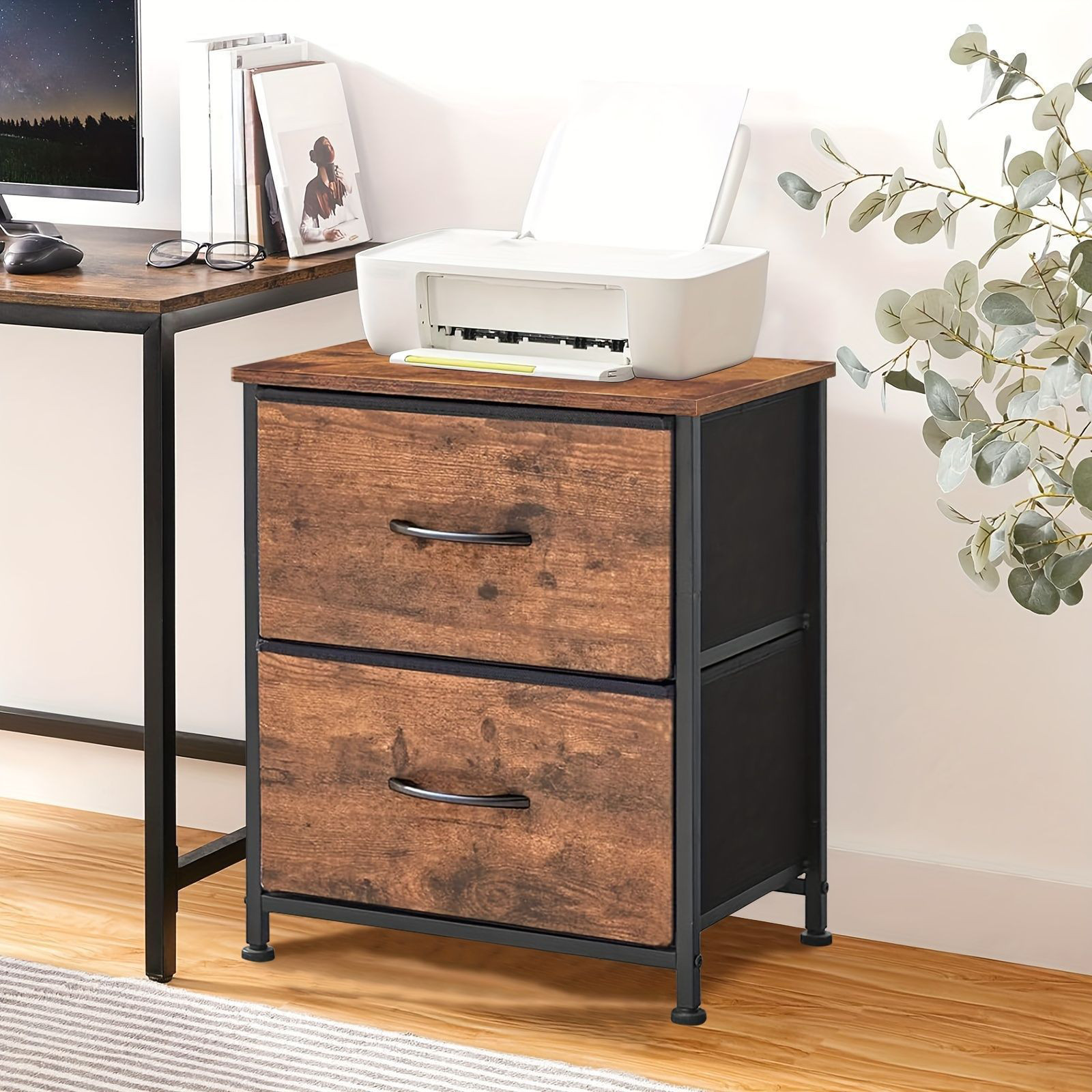 タンス チェスト 衣類収納 ヴィンテージ 木製 パネルとメタル製 ストレージロッカー ファブリック製引き出し2杯付き