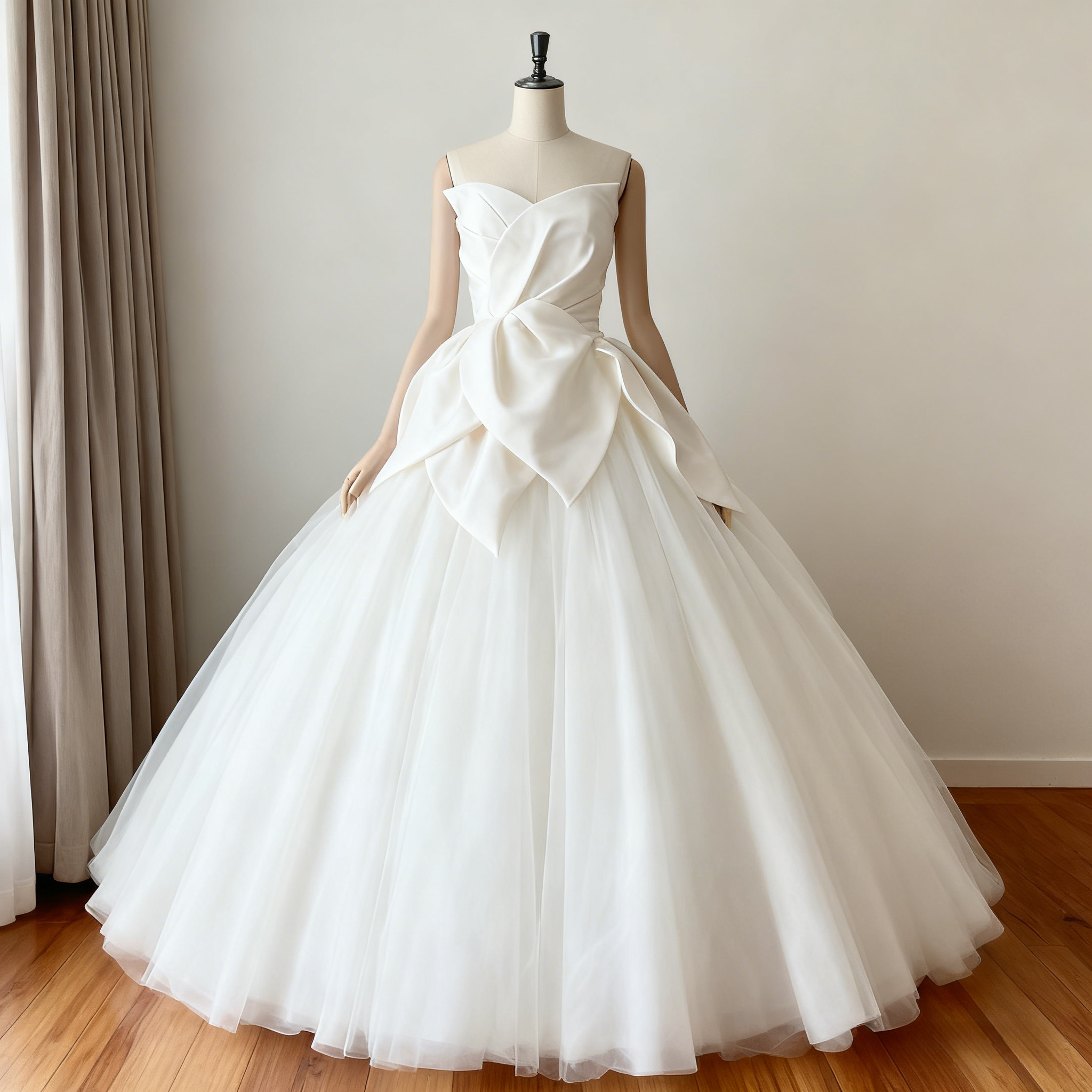 フランス風 ウェディングドレス ベアトップ プリンセスライン ハンドドレープ 結婚式