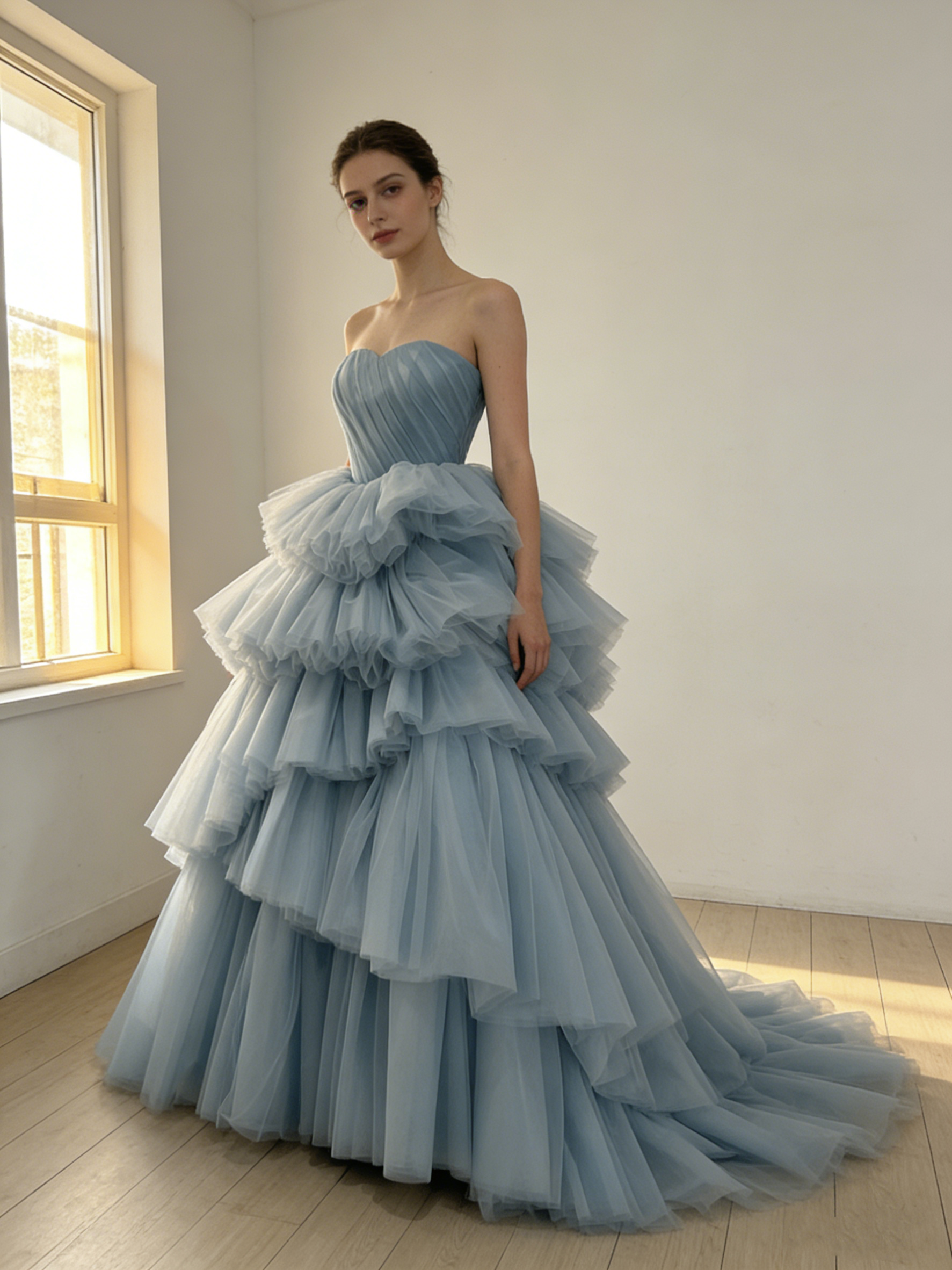 送料無料！カラードレス  爽やかで優しいブルー ビスチェドレス　アシンメトリードレス オートクチュール 結婚式/披露宴