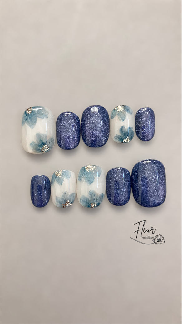 ネイルチップ #02 ブルーグレー マーブル ぷっくりフラワーネイル ネイルチップ #02 ブルーグレー マーブル ぷっくりフラワーネイル