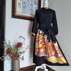 ☆着物リメイク/ハンドメイド/村山大島紬/キ-ネックワンピース/正絹