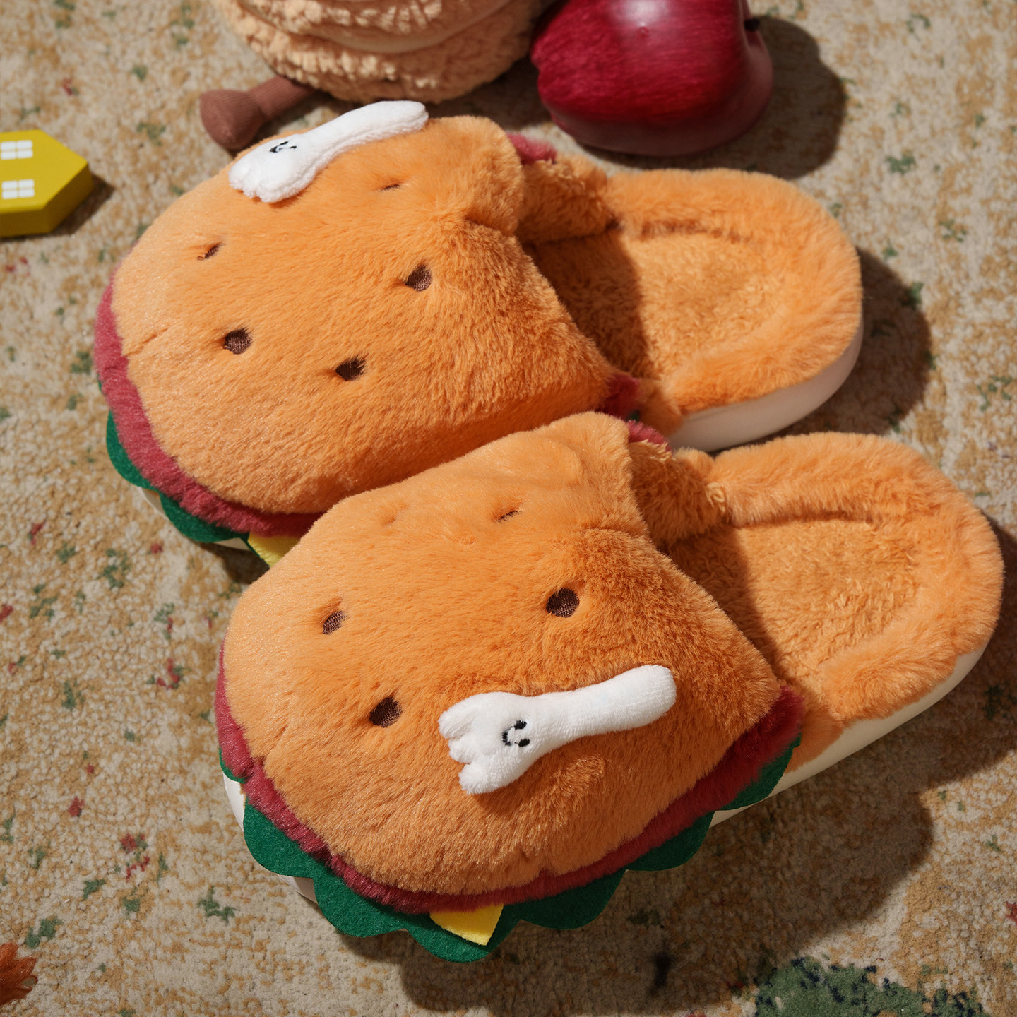 ハンバーガーモコモコスリッパ レディース用 冬用 カップル向け インドア兼用 暖かく かわいい 厚手 毛布張り 外穿可