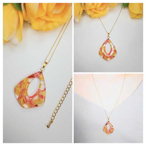 レジン＆アクリルプレートネックレス(イエロー×ピンク)※60㎝華奢