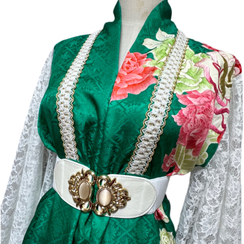 超ロング 振袖 着物リメイク ドレス レース裾＆袖 和柄 ワンピース