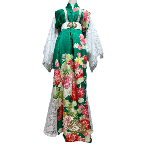 超ロング 振袖 着物リメイク ドレス レース裾＆袖 和柄 ワンピース