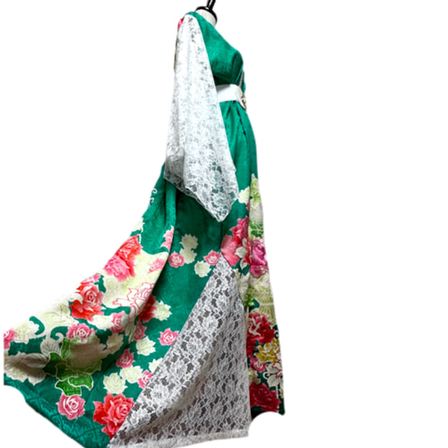 超ロング 振袖 着物リメイク ドレス レース裾＆袖 和柄 ワンピース