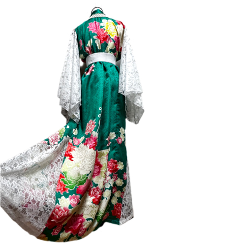 超ロング 振袖 着物リメイク ドレス レース裾＆袖 和柄 ワンピース