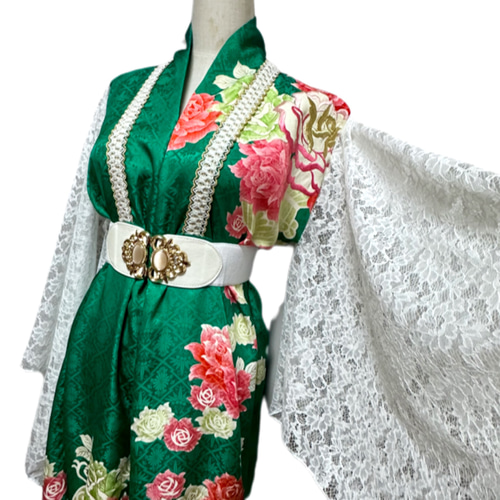 超ロング 振袖 着物リメイク ドレス レース裾＆袖 和柄 ワンピース