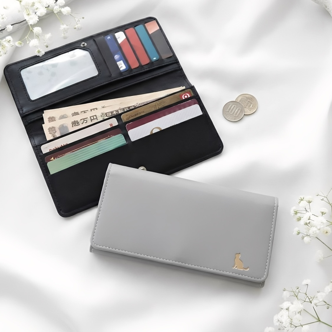 【薄さ1.5cm】軽量 薄型長財布 猫 スリム カード 小銭入れ グレー グレージュ コンパクト ミニ 小さめ