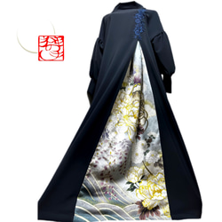 振袖 着物リメイク ドレス 和柄 ワンピース 濃紺×牡丹や菊や桜 ぽわん