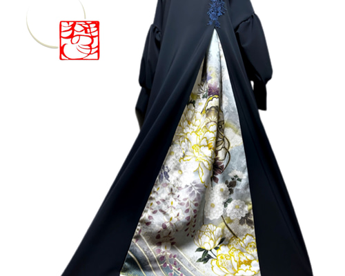 振袖 着物リメイク ドレス 和柄 ワンピース 濃紺×牡丹や菊や桜 ぽわん