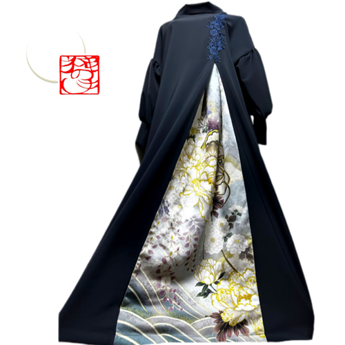 振袖 着物リメイク ドレス 和柄 ワンピース 濃紺×牡丹や菊や桜 ぽわん