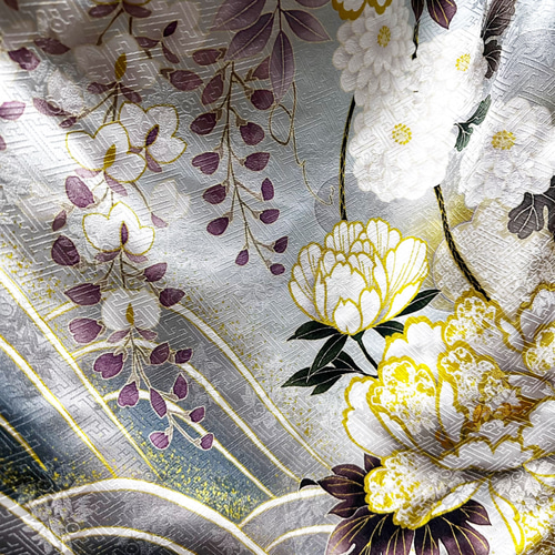 振袖 着物リメイク ドレス 和柄 ワンピース 濃紺×牡丹や菊や桜 ぽわん