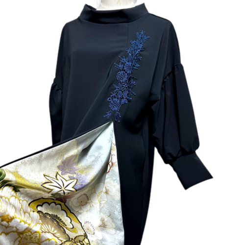 振袖 着物リメイク ドレス 和柄 ワンピース 濃紺×牡丹や菊や桜 ぽわん
