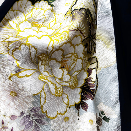 振袖 着物リメイク ドレス 和柄 ワンピース 濃紺×牡丹や菊や桜 ぽわん