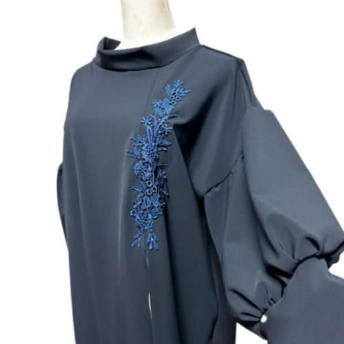 振袖 着物リメイク ドレス 和柄 ワンピース 濃紺×牡丹や菊や桜 ぽわん