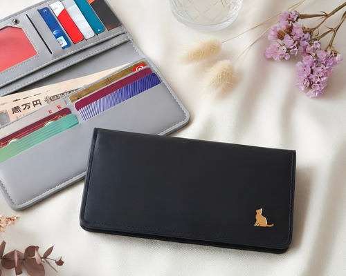 薄さ1.5cm】軽量 薄型長財布 猫 スリム カード 小銭入れ 黒 ブラック