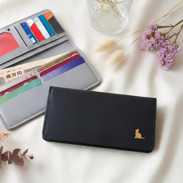 薄さ1.5cm】軽量 薄型長財布 猫 スリム カード 小銭入れ 黒 ブラック
