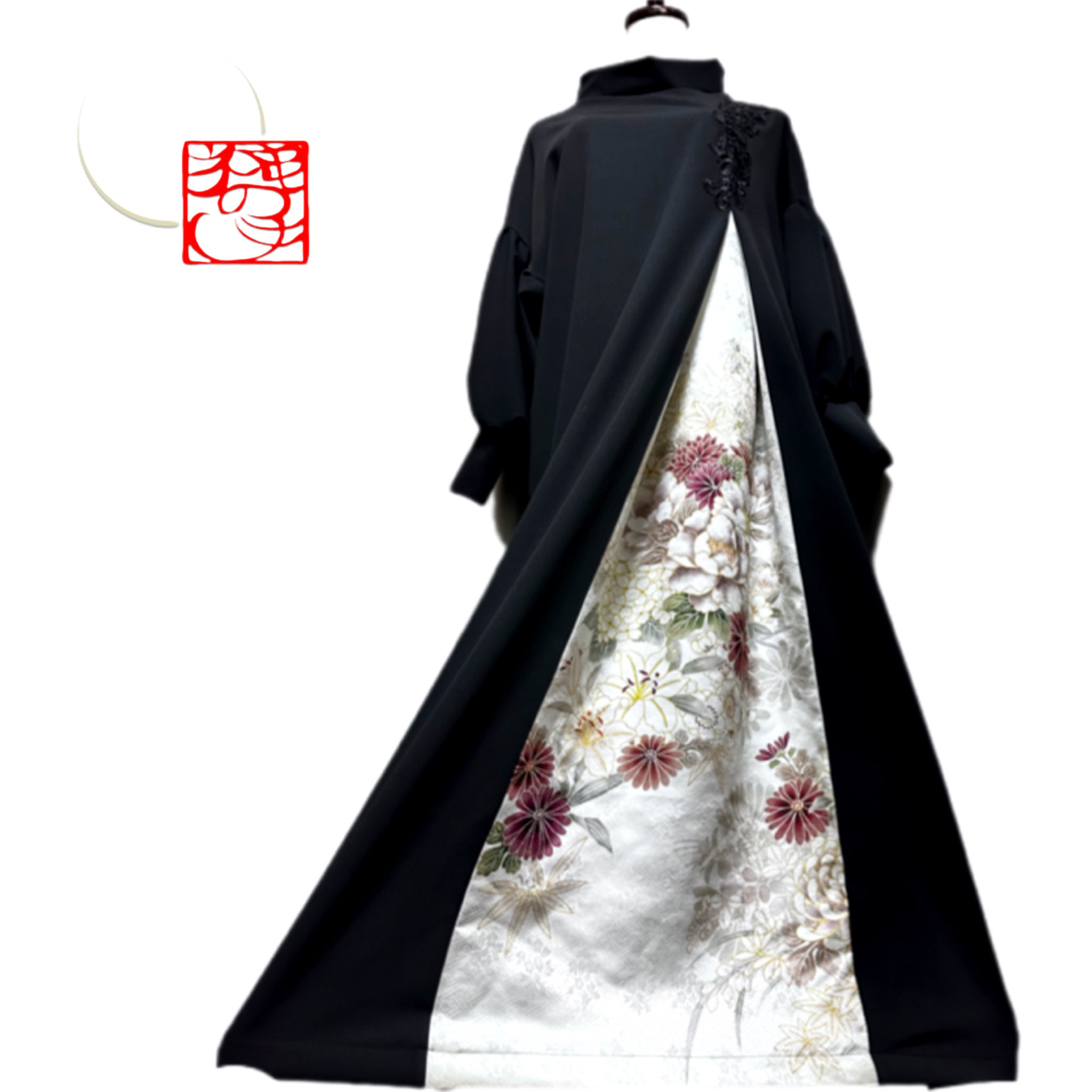 振袖 着物リメイク ドレス 和柄 ワンピース 黒×牡丹や菊 ぽわん袖