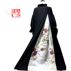 振袖　着物リメイク　ドレス　黒×手毬や牡丹、梅　和柄　ワンピース　ハンドメイド 振袖 着物リメイク ドレス 和柄 ワンピース 黒×牡丹や菊 ぽわん袖