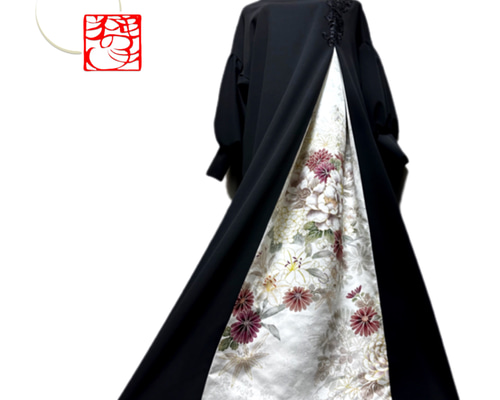 振袖 着物リメイク ドレス 和柄 ワンピース 黒×牡丹や菊 ぽわん袖