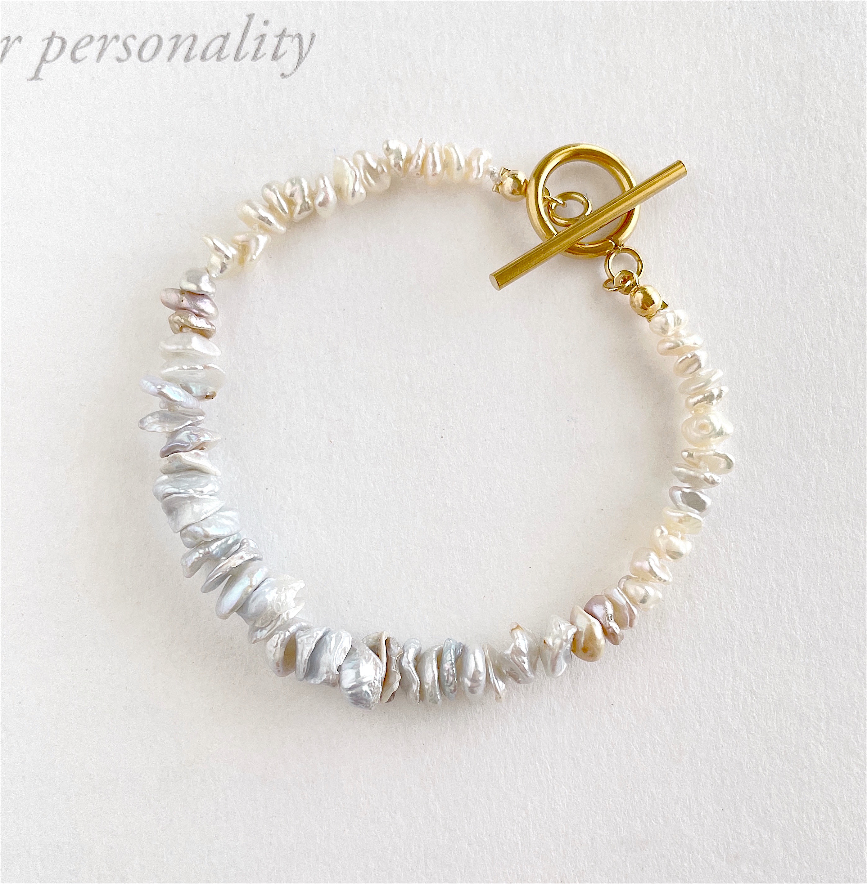 淡水パール ケシパール　スノーシルバー バイカラー ブレスレット
