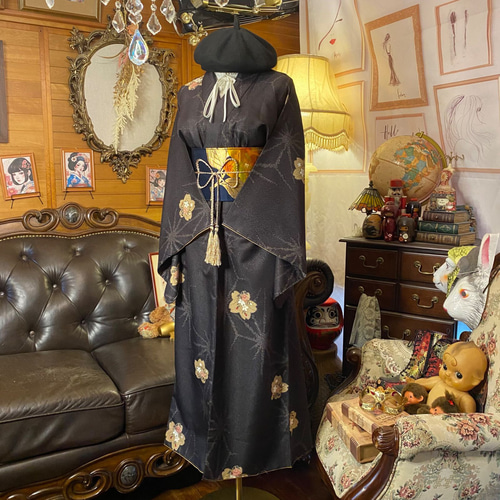 着物リメイク ワンピース ドレス ロング 洗える 化繊 名古屋帯サッシュ