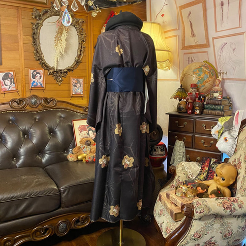 着物リメイク ワンピース ドレス ロング 洗える 化繊 名古屋帯サッシュ