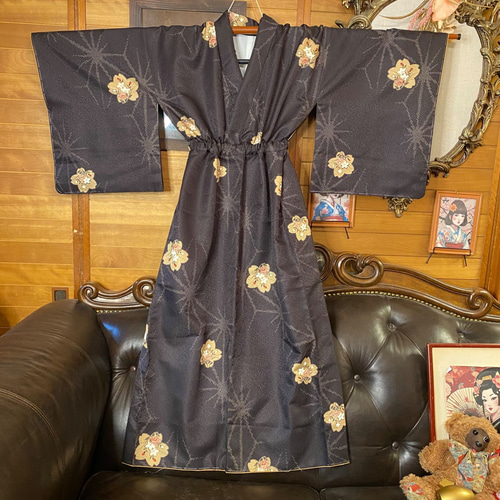 着物リメイク ワンピース ドレス ロング 洗える 化繊 名古屋帯サッシュ