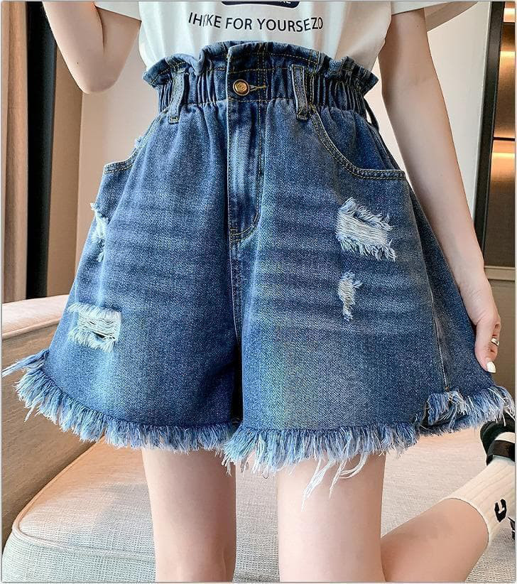 フリルデニムショートパンツ 大きいサイズ 新品 韓国風 タッセル ダメージ