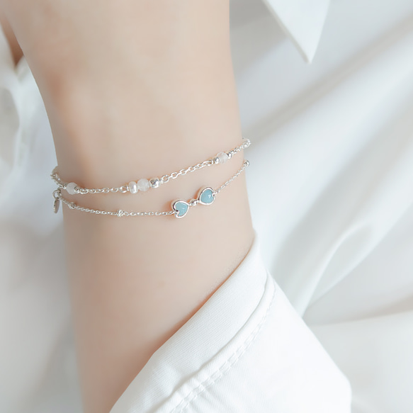 925スターリングシルバーダブルハートアクアマリンボウカスタム刻印