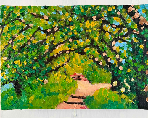 A. HANDA 風景画 油彩画 大サイズ 油彩画 原画「近所の風景 堤防」16×23㎝・サムホールサイズ 風景画 N