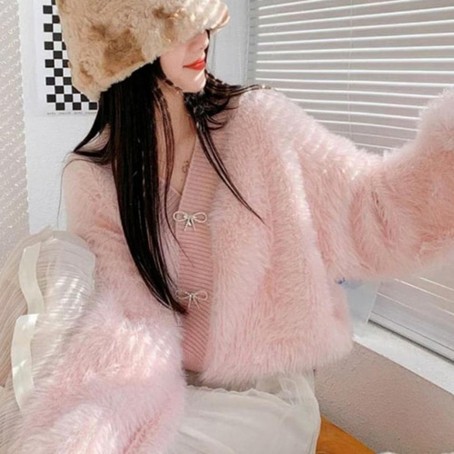 ガーリー ニット カーディガン レディース 秋冬 春 新品 長袖 シャギー