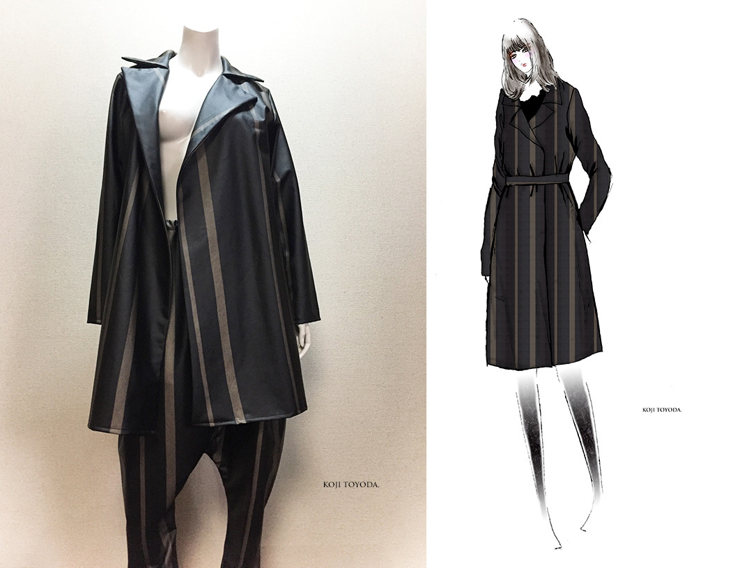 【1点もの・デザイン画付き】合皮ストライプ生地コートジャケット＆パンツセット（KOJI TOYODA）