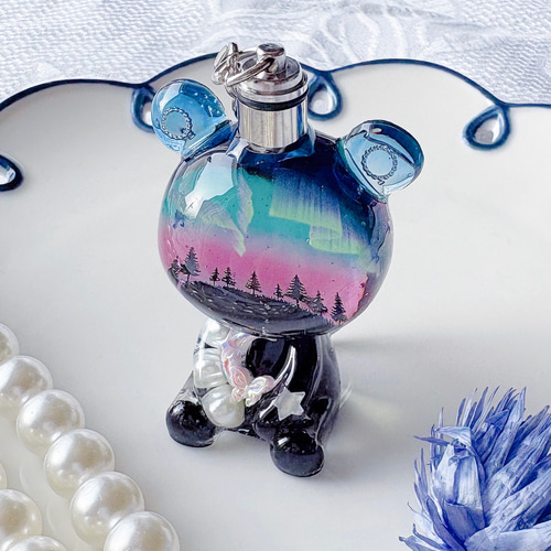 オーロラくまちゃんオルゴナイトキーホルダー(LEDライト付き)-イエロー