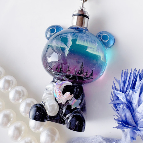 オーロラくまちゃんオルゴナイトキーホルダー(LEDライト付き)-イエロー