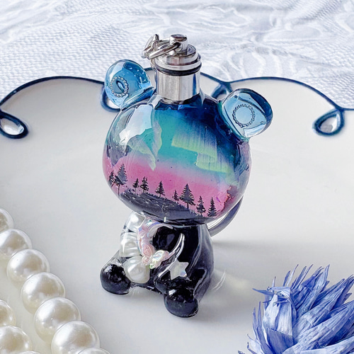 オーロラくまちゃんオルゴナイトキーホルダー(LEDライト付き)-イエロー