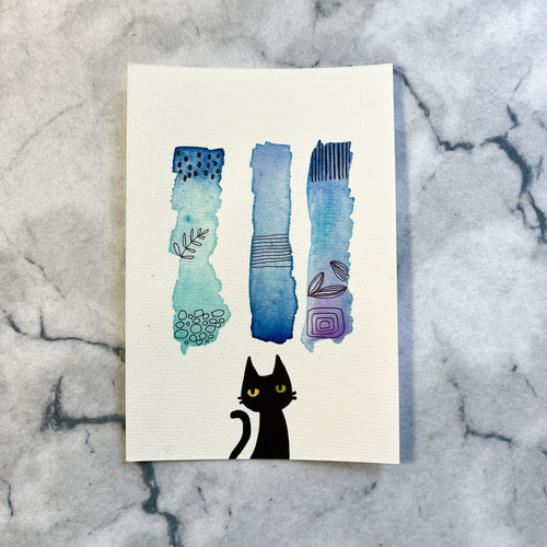 ちょいねこ 北欧 抽象デザイン 手描きポストカード 3枚セット| 原画