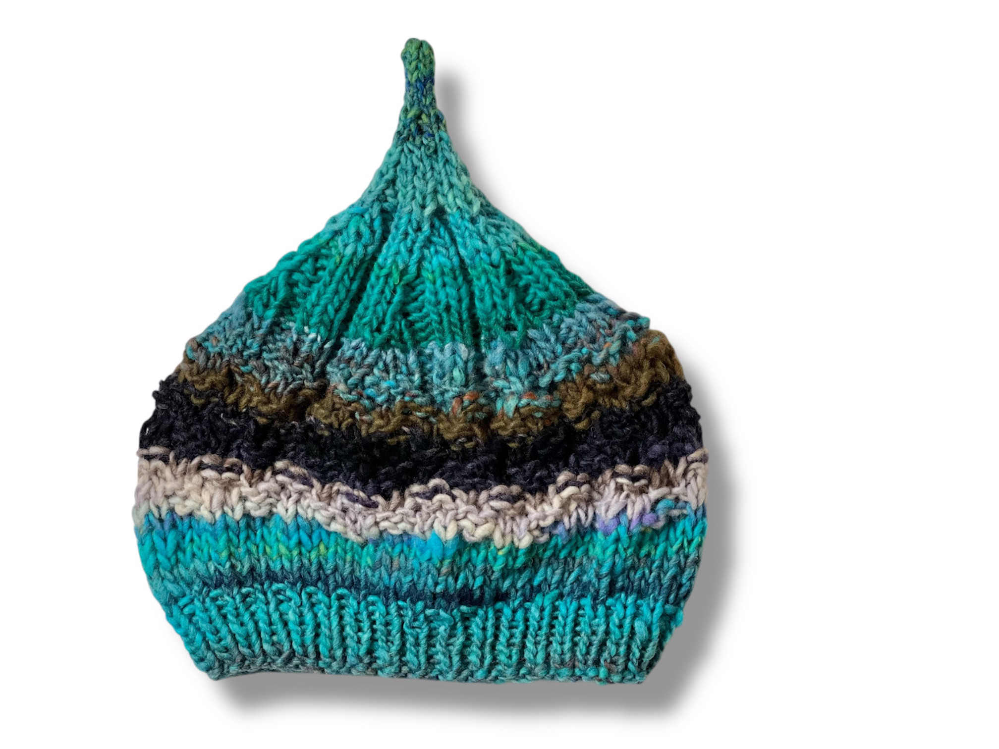 １点限定！新作2025 野呂英作毛糸使用どんぐりニット帽子　手編み　セルリアンブルーミックス　フリーサイズ・プチギフト