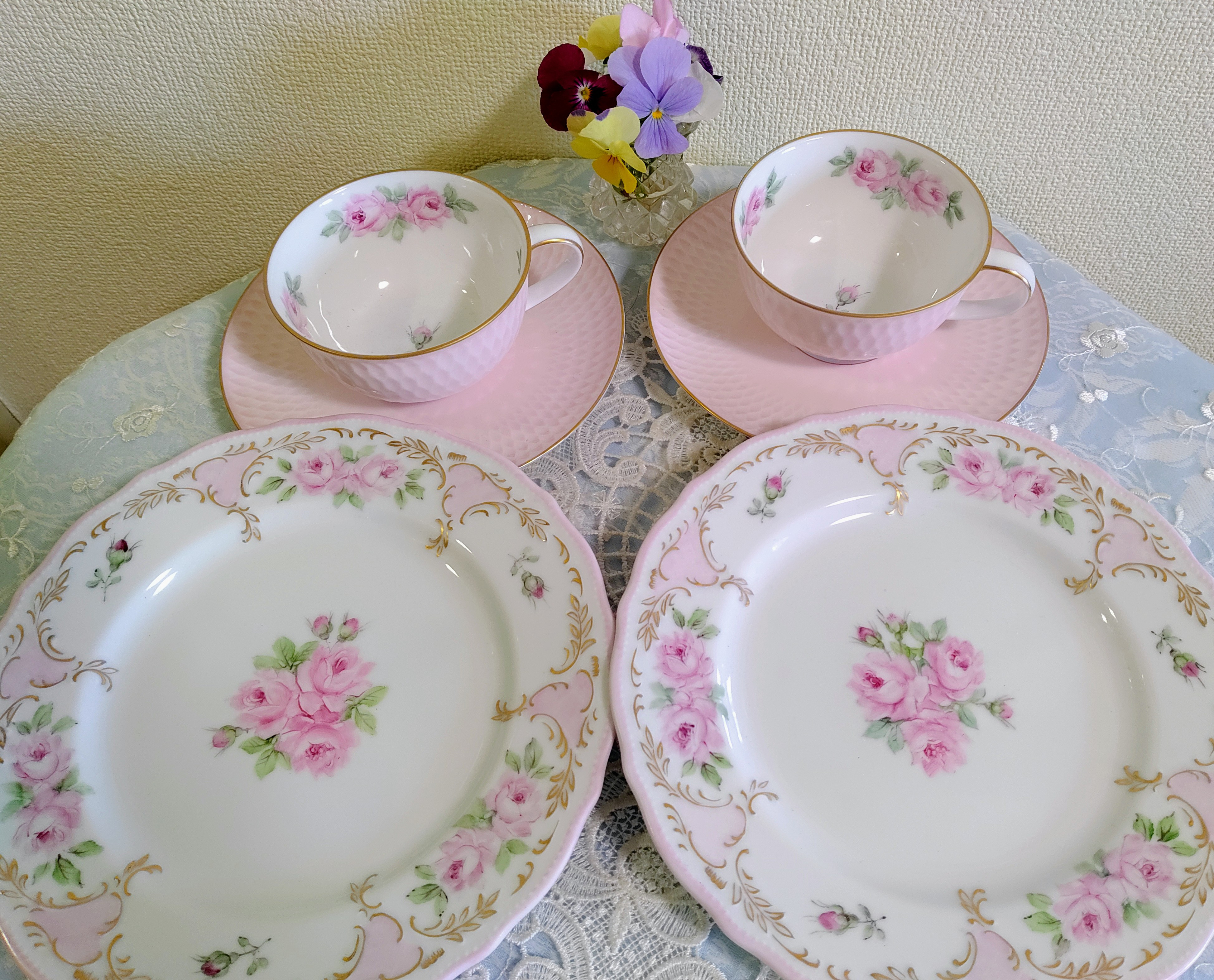 セット割♡Teaカップ＆ソーサー2客✙ケーキ皿2枚（薔薇／ピンク）