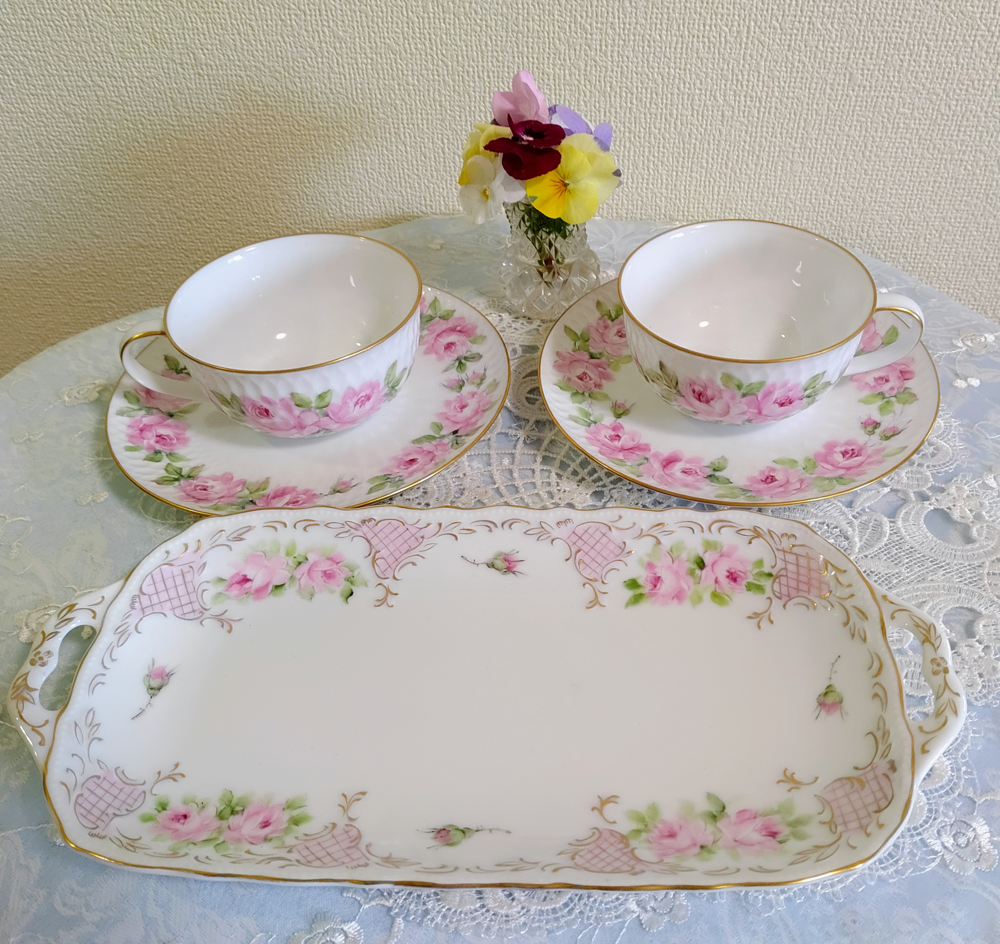 セット割♡カップ＆ソーサー2客✙長皿（薔薇／ピンク）