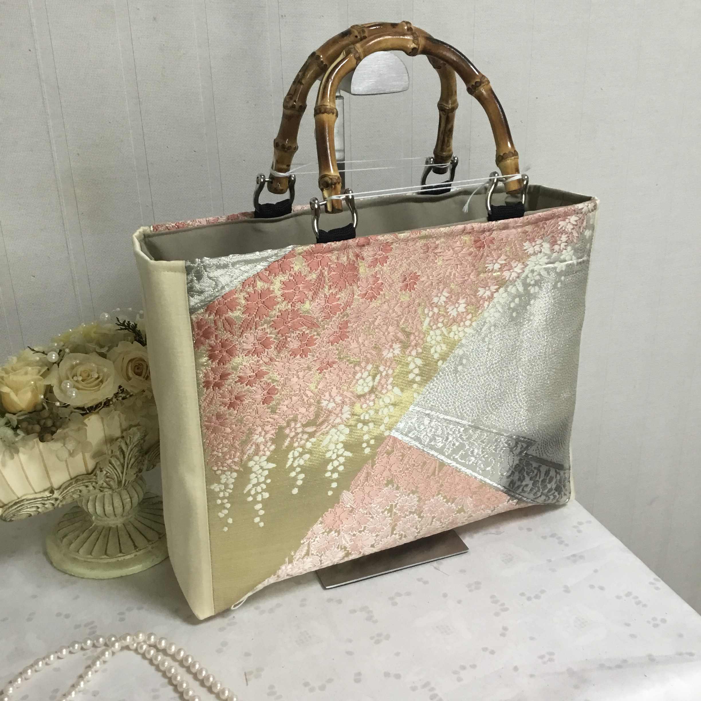 花ぷらら・最後の1点・シンプルで使いやすい・洋服でも着物でも使える・ハンドメイド・帯・大きめ・トートバッグ・142
