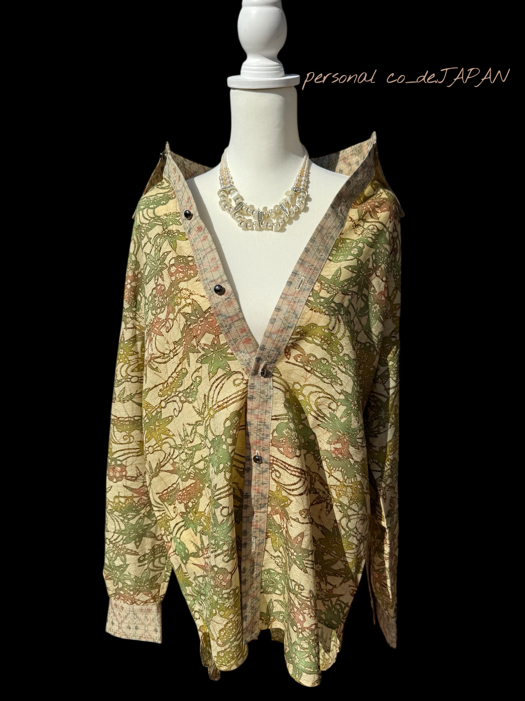 ご祈祷ロングシャツ【一点物】草木文様×静寂の色彩　正絹着物2枚仕立て 和モダン　着物リメイク　シャツ