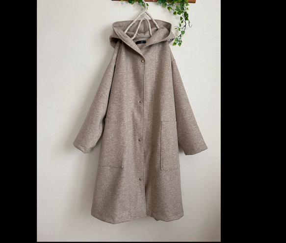 ウール混ニット1枚仕立てベージュ杢フードロングコート コート Kym