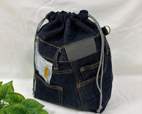 巾着ショルダーバッグ デニムリメイク ハンドメイド 巾着バッグ